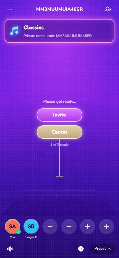 A Mic Grab room with six seats, Invite and Get Ready buttons