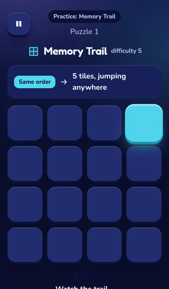 Memory Trail: a grid of tiles with one lit