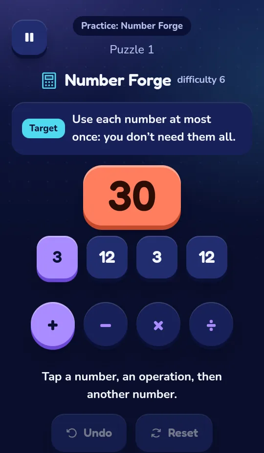 Number Forge: number tiles and a target
