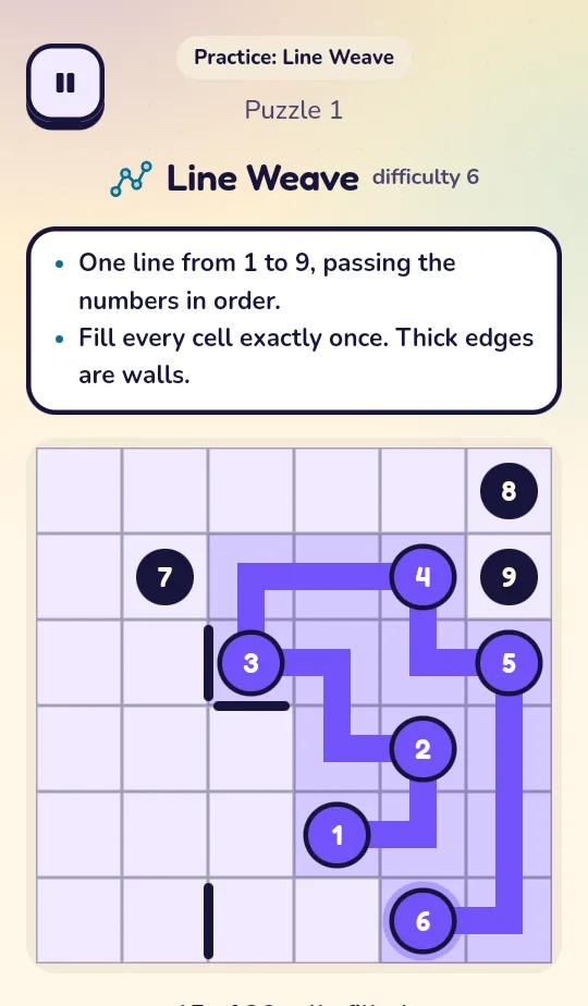 Line Weave: a line drawn through numbered cells on a grid with walls