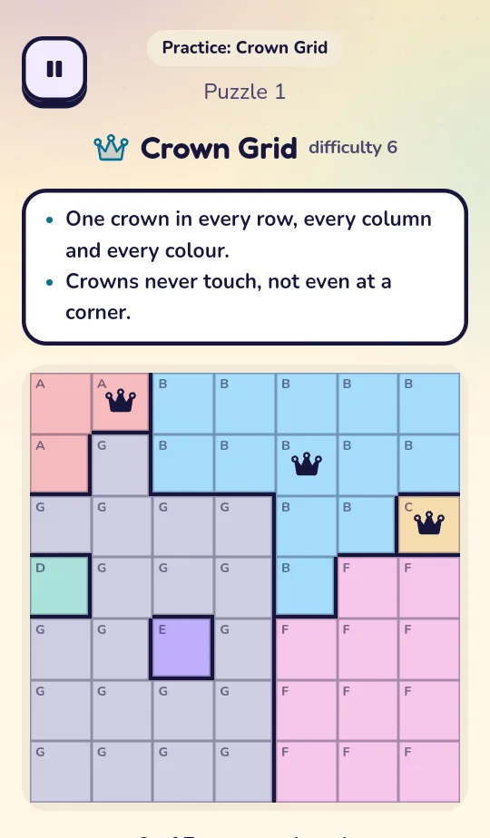 Crown Grid: coloured, lettered regions with three crowns placed