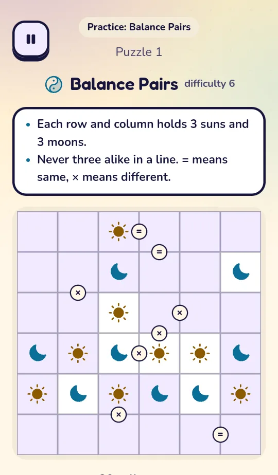 Balance Pairs: a grid of suns and moons with equals and cross clues