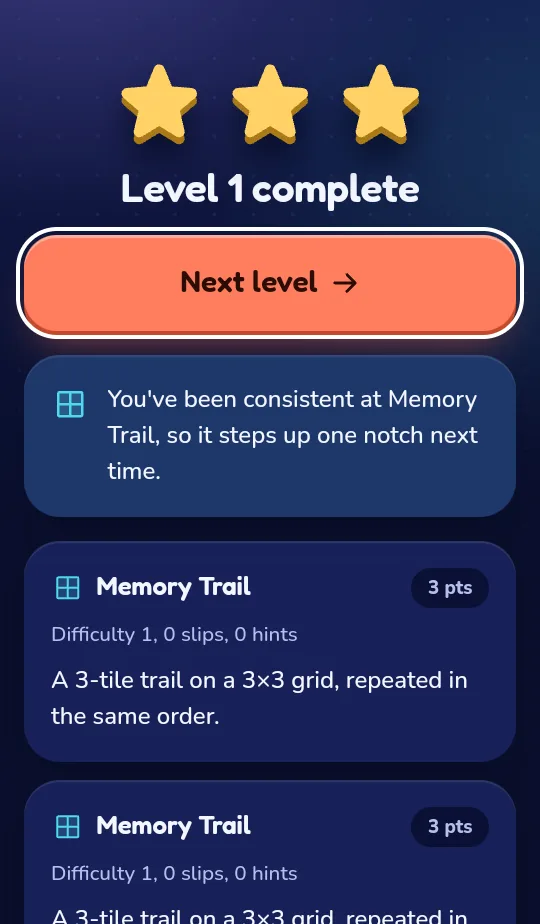 A results screen with three stars